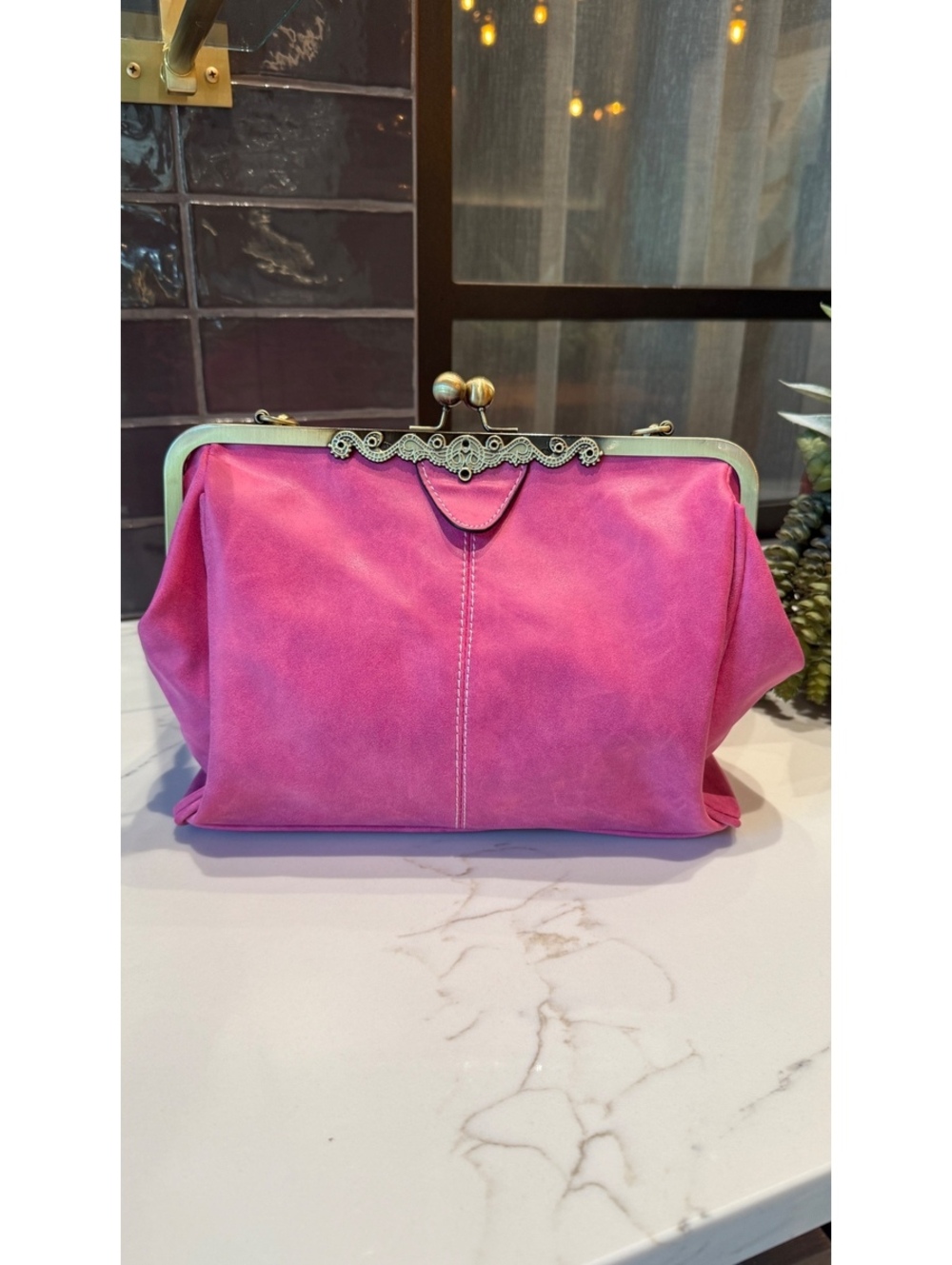 Hot Pink Suede-Look Frame Purse with Ornate Kiss-Lock Clasp